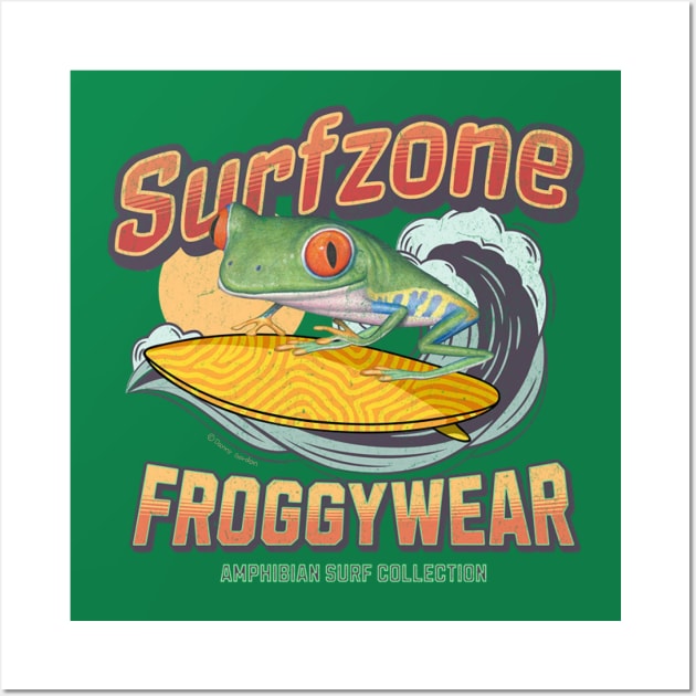 Cute and Funny red eyed tree frog surfing using froggy wear amphibian surf attire tee Wall Art by Danny Gordon Art